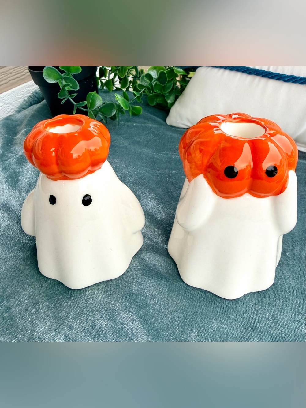 Ceramic Ghost Pumpkin Halloween Candle Holders Set of 2
